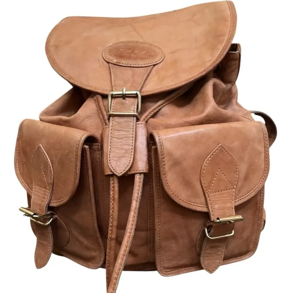 Vtg Kara Leather Backpack Tan Leather Rucksack Heritage Utility Boho USA Bag